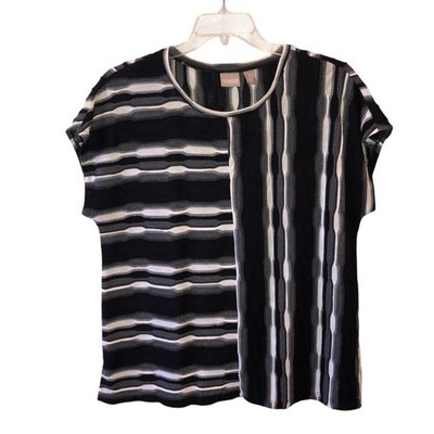 Chicos Womens 3 / XL Black White Wave Stripes Short Sleeve Shirt Casual Top 3D