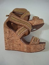 TORY BURCH Lucian Chain Crochet-Trimmed Tan Leather Wedge Women's Sandals Size 7