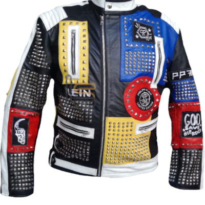 Philipp Plein Multi Color Studded Embroidery Patches Leather Jacket for Men