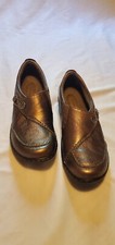 Clark's Bendables Loafers Leather Bronze Gold Button Loop Womens 6 EXC