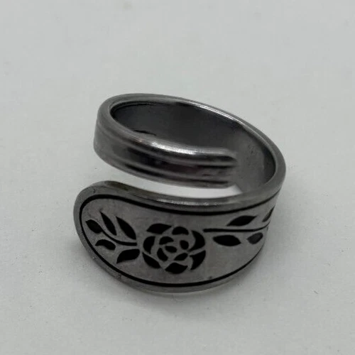 Cuchara Anillo Acero Inoxidable Floral Patrón Rosa Talla 10.5 Vintage Foto 2 de 4