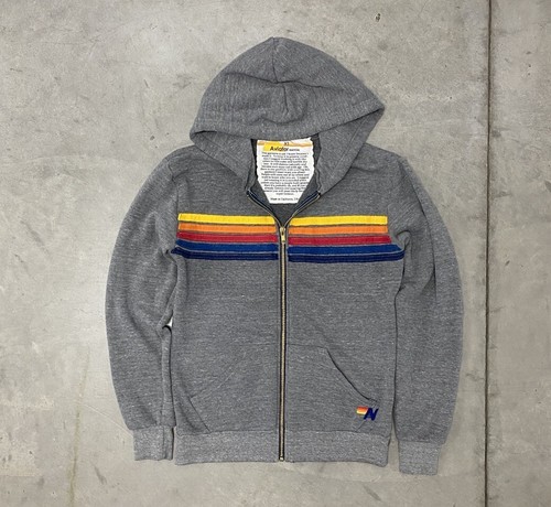 Aviator Nation Hoodie Reißverschluss XS grau Regenbogen Streifen Logo Made in USA Sweatshirt