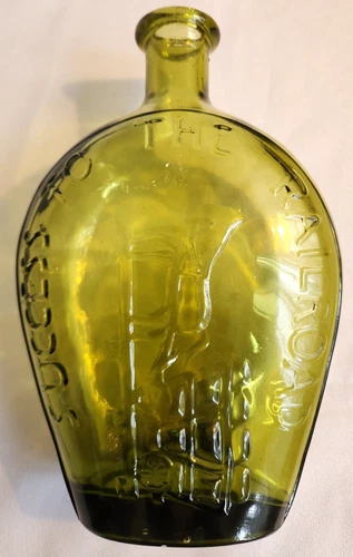 "SUCCESS TO THE RAILROAD" HORSE AND CARRIAGE GREEN BOTTLE