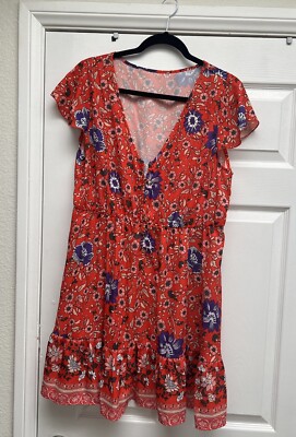 short red beach dress Red Floral Tie Back Short Slip Beach Dress