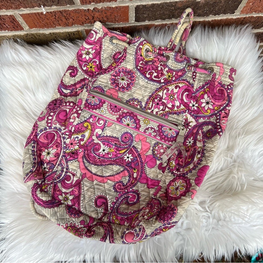 Vera Bradley Cream Houndstooth Print and Pink Paisley Drawstring Knapsack Pack Vera Bradley Women main image 2