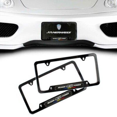 2x Mugen Black Stainless Steel License Plate Frame With Real Carbon Fiber Emblem