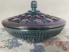 Vintage Carnival Glass Bowl Iridescent Blue Purple Gold Geometric Shapes w/lid