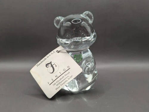 Fenton August Birthstone Birthday Bear Clear Glass Figurine Green Heart w/Tag