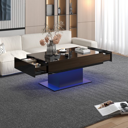 High gloss Coffee Table with RGB LED Lights Living Room Cocktail Table Black - Picture 9 of 13