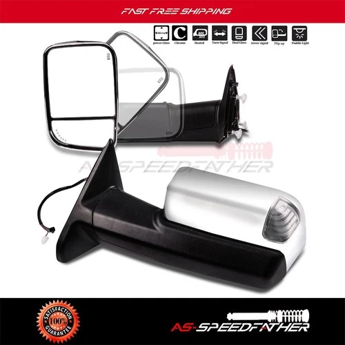Chrome Power Heated Turn Signal Puddle Tow Mirrors For 2009-17 Dodge Ram 1500