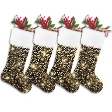 JOLCEEY 4 Pack Christmas Stockings, Large Gold Glitter Sequin Black Xmas Hanging