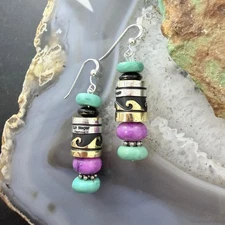 Tommy & Rosita Singer Sterling Silver Turquoise & Charoite Beads Dangle Earrings