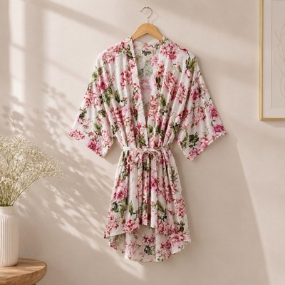 Show Me Your MuMu Brie Floral Kimono Robe Pink Peony White One Size