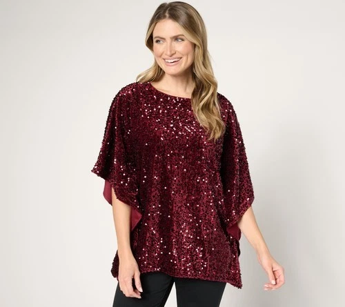 Belle by Kim Gravel Sequin Paillette Velvet Poncho Color Wine M NWOT