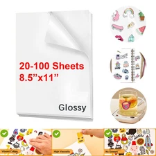 20-100 8.5x11 Printable Vinyl Sticker Paper Glossy Waterproof for Inkjet & Laser