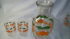 ANCHOR HOCKING ORANGE & VINE RARE RIBBED JUICE GLASSES  & CARAFE USA