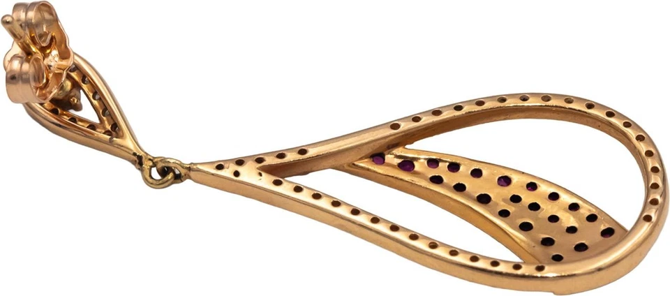 Pendientes colgantes redondos de diamantes y rubíes de oro rosa de 14 k de 1,10 quilates Foto 3 de 4