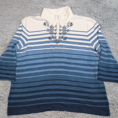 Alfred Dunner Shirt Womens M Blue Striped Zipper Career Casual Soft Comfort