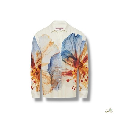 Orlebar braunes Grasmoor Oshibana Print Shirt Größe M Made in Portugal
