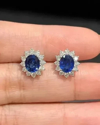 2Ct Oval Cut Lab-Created Blue Sapphire Halo Stud Earrings 14K White Gold Plated