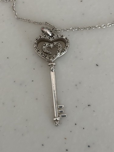 Sterling Silver 925 Heart In Heart Key 18in Necklace With Diamond Accents