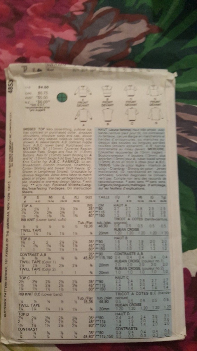 Vintage Butterick Pattern 4853 Pullover Top Sleeve Variations