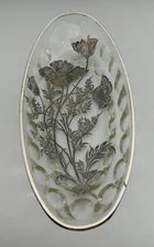 Vintage Glass & Platinum Flowers & Trim Pickle Relish Oval Shape Dish 10"