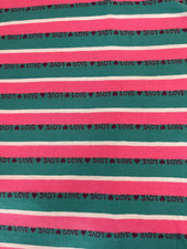 f-25-03-08 Lightweight T-shirt Knit- "LOVE" teal, white, pink stripe-1 yd x 62"