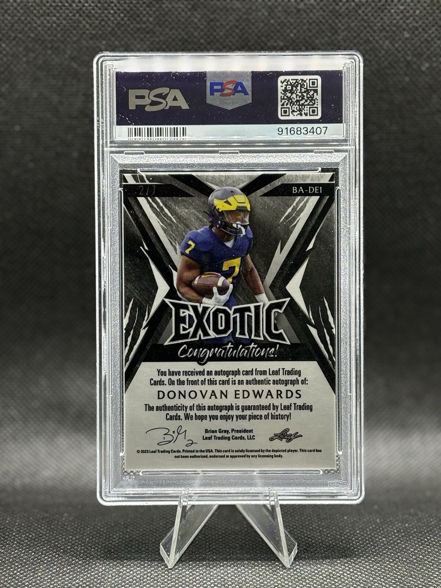 Donovan Edwards PSA 10 2023 Leaf Exotic Auto Zebra Kaleidoscope