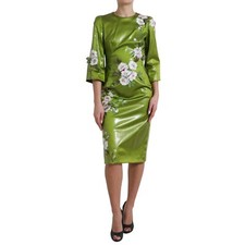 DOLCE & GABBANA Dress Green Floral Embellished Sheath Midi IT40/US6/S RRP $6500