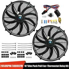 2PCS 16" INCH ELECTRIC RADIATOR SLIM FAN WITH THERMOSTAT WIRING SWITCH RELAY KIT