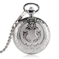 Steampunk Shield Skeleton Mechanical Pocket Watch Pendant Chain Silver Tone
