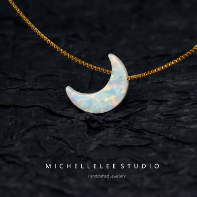 Moon Opal Necklace, White Lab Opal Crescent Moon Pendant Necklace
