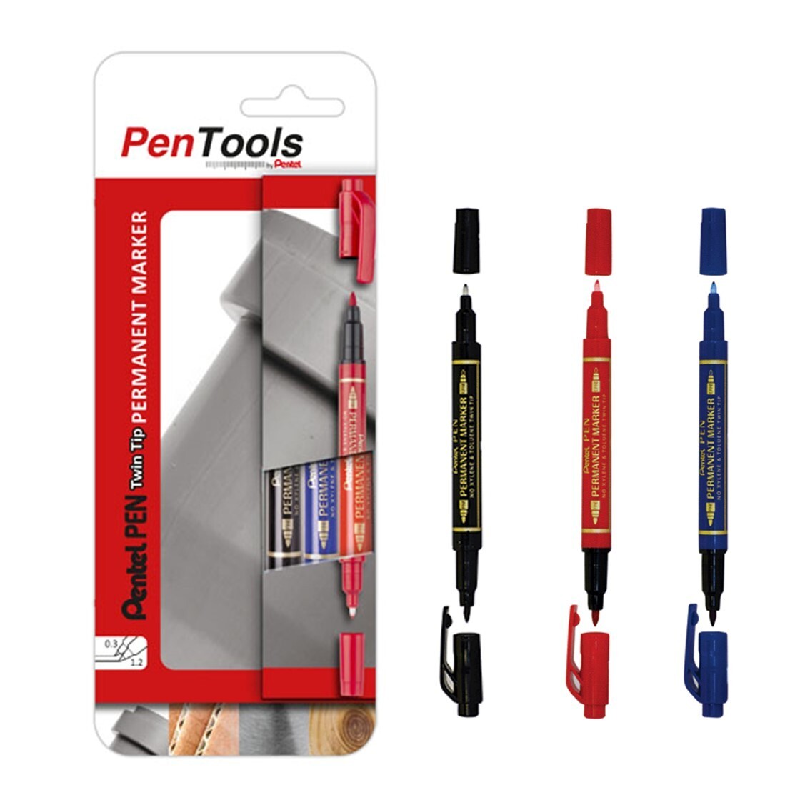 Pentel Pentools Twin Tip Permanent Marker Pens Red, Blue & Black N75W (3 Pack)