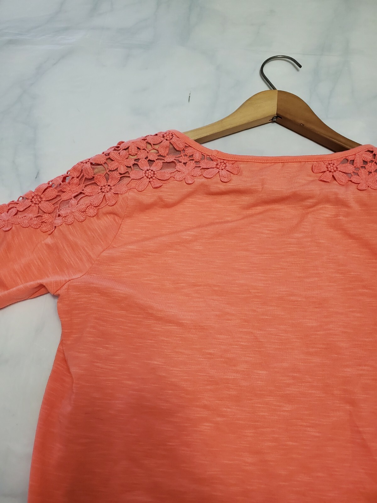 Christopher & Banks Women's Coral TShirt Top Flower Shoulder Lace Size