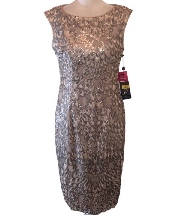 New NWT Adrianna Papell Antique Gold Feather Sequin Midi Dress $199
