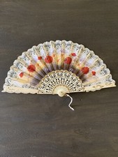 VTG HAND PAINTED Fan ART Home Decor Design Flowers Garden Antique Lace Victo