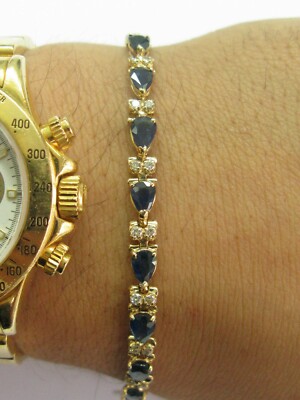 Natural Ceylon Sapphire & Diamond Yellow Gold Tennis Bracelet 14Kt  7'' 13.75CT