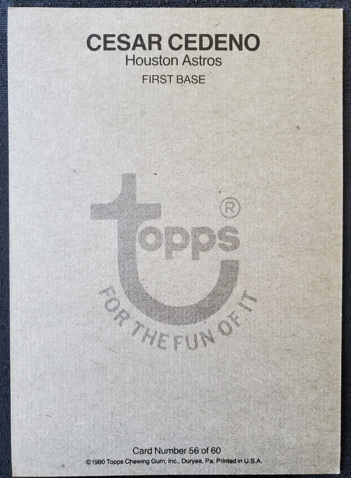 1980 Cesar Cedeno Houston Astros MLB Topps Super Card White Back #56 - Image 2 of 2
