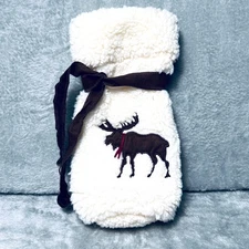 Sherpa Wine Bottle Gift Bag Reindeer Embroidered Plush Holiday Hostess Decor