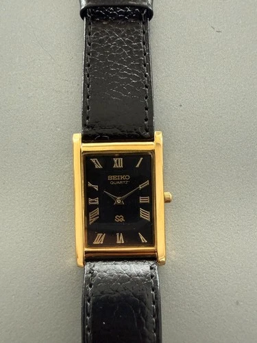 Vintage Seiko Tank Wrist Watch Refurbished Black Dial Gold Bezel Black Strap