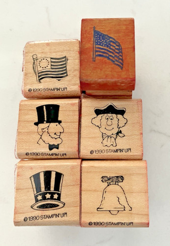 Lot of 6 PATRIOTIC USA RUBBER STAMPS flags, liberty bell, Washington, Lincoln 1"