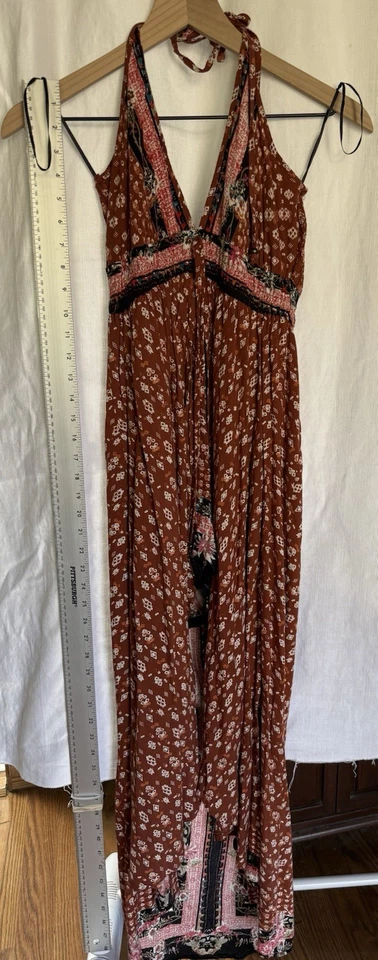 Maxi Vestido Angie Naranja Rojo Marrón Paisley Halter Mameluco Boho Festival Talla S Foto 2 de 4