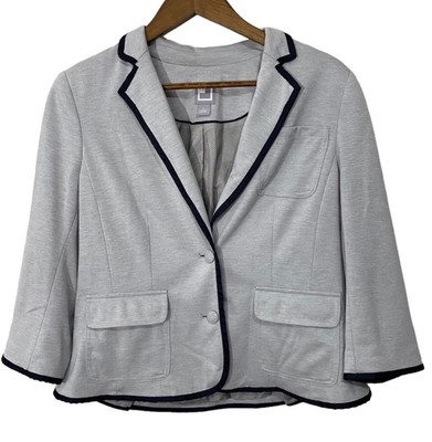 JCPenney Nautical Gray Navy Trim Blazer Women s Size Large Anchor Sailor Career
