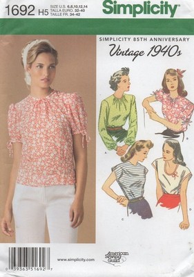 Simplicity Schnittmuster 1692 Bluse Tops 4 Styles Vintage 40er Gr. 6 - 14 Neu