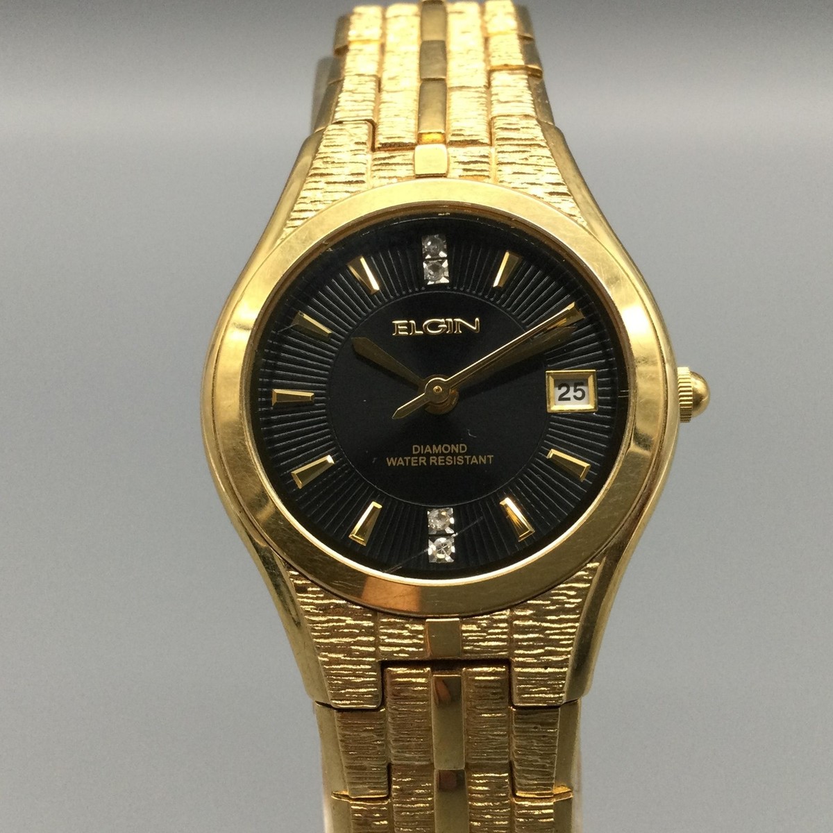 Elgin Womens Watch 25mm Black Gold Tone Diamond Date EG86N New