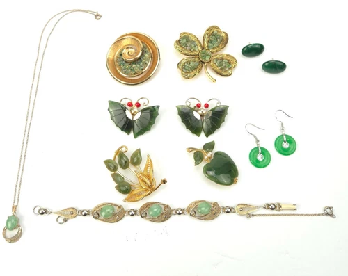 Vintage Costume Jewelry Lot of 10 Jade Brooch Pin Earrings Bracelet Necklace
