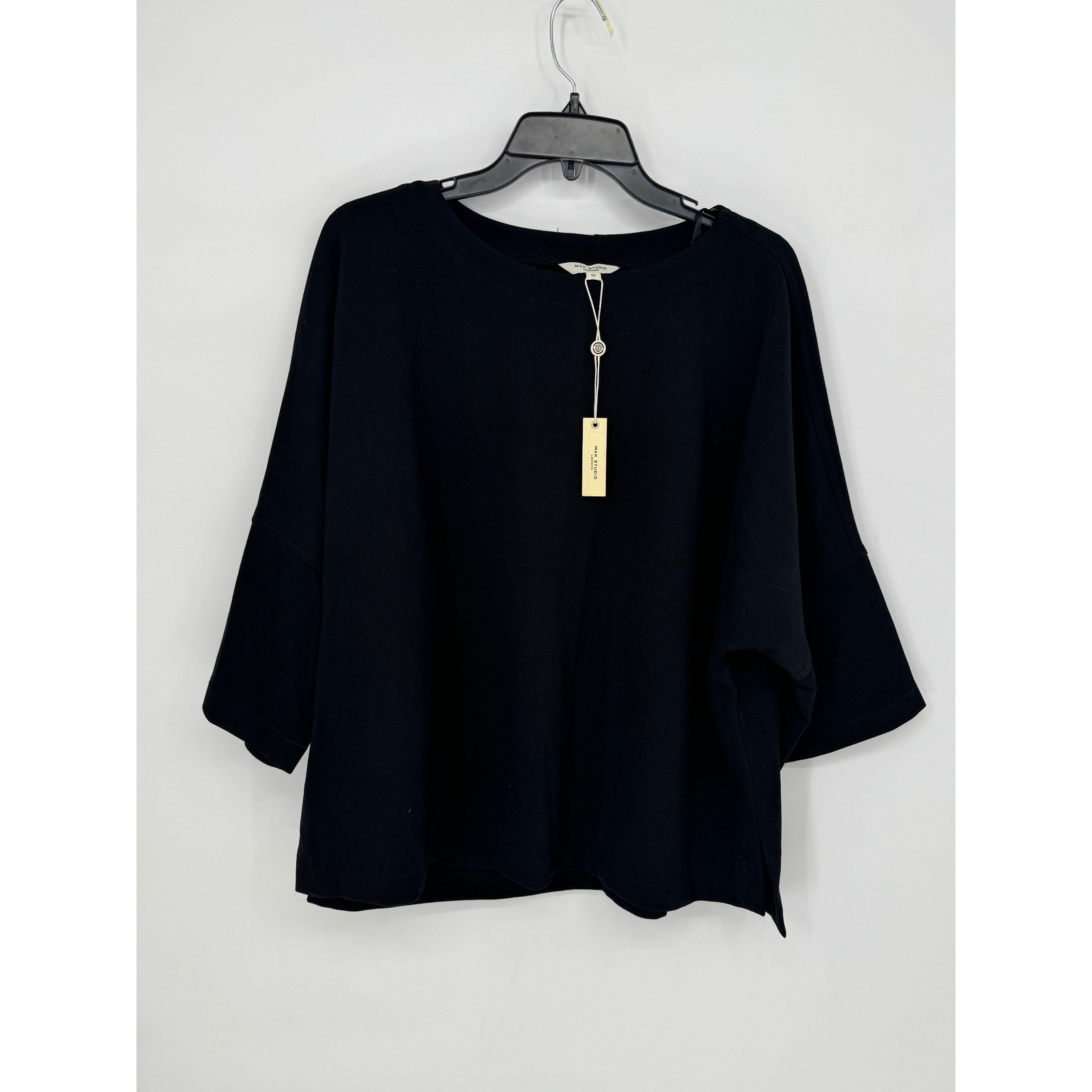 Max Studio London Top Womens 1X Black NEW Boxy 3/4 Sleeve Side Slit 4W06H7003