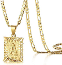 Initial Letter Pendant Necklace for Men Women, 14K Gold Plated Square Capital Mo