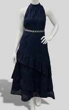 Sam Edelman Women's Blue Eyelet High-Neck Sleeveless Tiered Dress Size 10